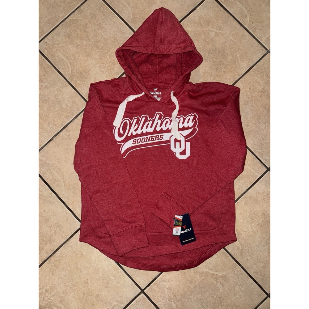 NWT Fanatics Oklahoma Sooners Hoodie Women's Large Red Script Logo NCAA